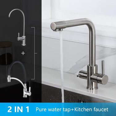 Кухонний змішувач 3-в-1 з поворотним виливом 360°, з двома важелями, для фільтрації води, гарячої та холодної води, високого тиску, з 3 шлангами 50 см, нержавіюча сталь, сірий матовий