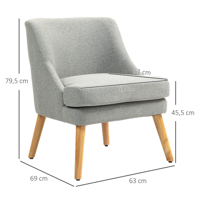 HOMCOM Armchair Lounge Chair with Linen Look, Armrests, Padded Recliner with Wooden Legs, for Living Room, Bedroom, Light Grey | Aosom