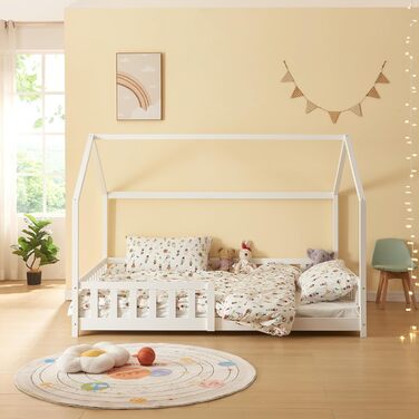 en.casa Kids Bed Hesel House Bed White 90 x 200 cm with Side Rails and Slatted Base, Floor Bed, Youth Bed, Wooden Bed