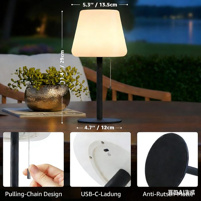 MALUX LED Акумуляторна Настільна Лампа, Бездротова, 8 Кольорів, IP44 Водонепроникна, для Дому, Саду, Готелю, Балкону, Кегль