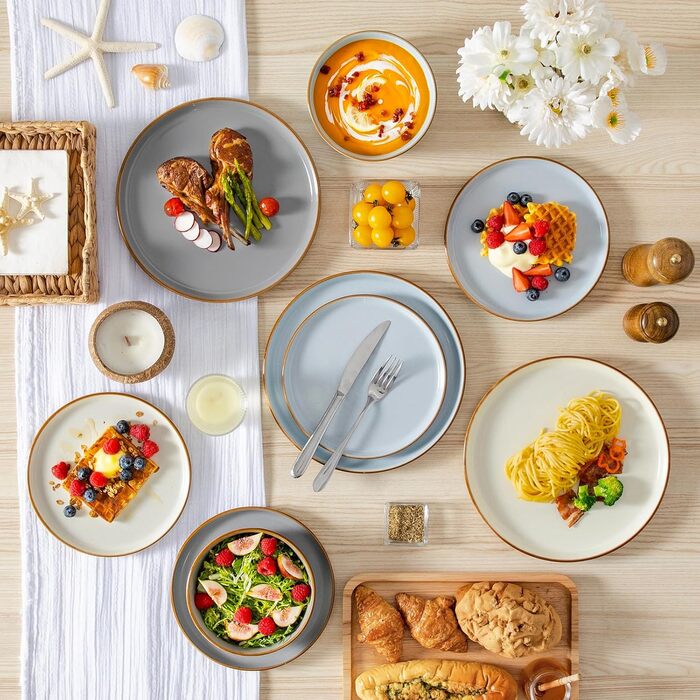 Набір посуду vancasso RENO 36 предметів: тарілки, супові тарілки, десертні тарілки, миски. Набір посуду з кераміки для 6 осіб, сучасний дизайн, безпечний для миття в посудомийній машині та розігріву в мікрохвильовій печі.