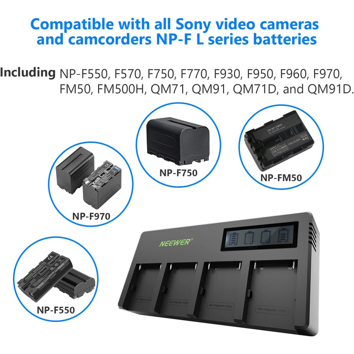 Зарядний пристрій NEEWER 4-канальний для акумуляторів Sony NP-F з LCD дисплеєм, сумісний з NP-F550, F570, F750, F770, F930, F950, F960, F970, FM50, FM500H, QM71, QM91, QM71D, QM91D, Camcorder, Li-Ion акумулятори
