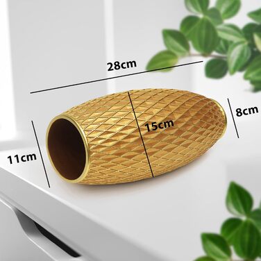 Декоративна ваза для квітів, блакитно-золота, з діамантовим візерунком, 28 x 15 см