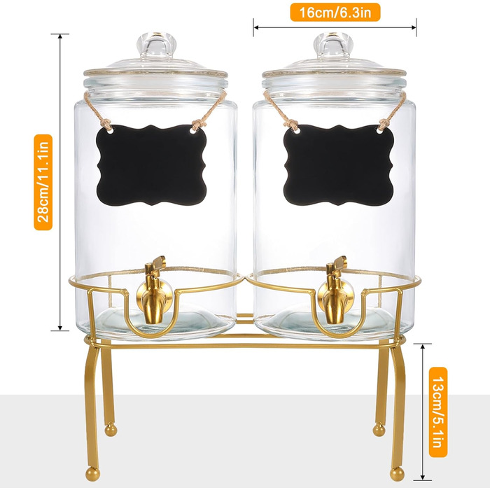 FUREEY Drink Dispenser with Stand - 2 Pack, 3.5L Glass Top Drink Dispenser with Stainless Steel Spout - Leakproof for Juice, Tea & Party Drinks