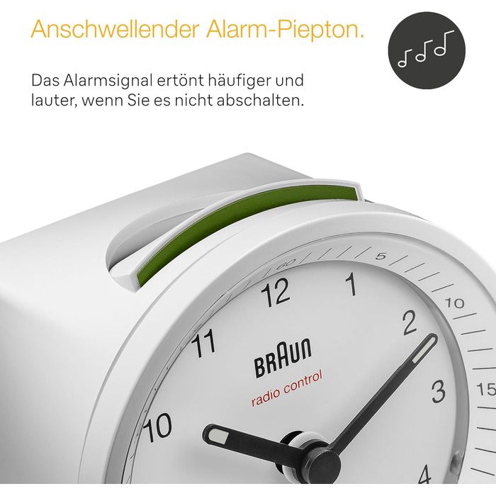 Classic Braun analog radio alarm clock for Central European Time (CET/GMT+1) with snooze function and illumination, quiet movement, crescendo alarm in white, model BC07W-DCF
