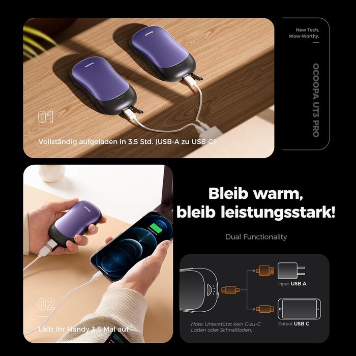 Електричні грілки для рук OCOOPA 2 шт., 10000mAh Powerbank, USB, 4 режими, до 58°C, для чоловіків, ідеально для гольфу, полювання та кемпінгу, UT3 PRO (Чорний/Фіолетовий)