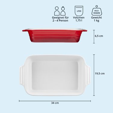 Форма для запікання KHG середнього розміру 34 см, 1,75 л, червона, для 3-4 осіб. Прямокутна керамічна форма для запікання з каменю, стійка до подряпин. Підходить для лазаньї, тірамісу та інших запечених страв. 1 шт. (34 см)