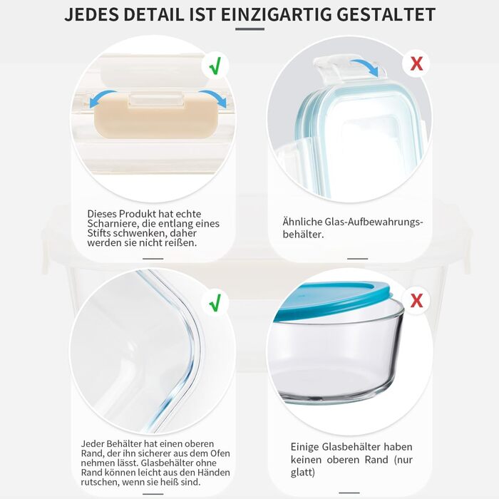 Набір скляних контейнерів для зберігання їжі з кришками з преміум-пластику, 10 шт. - блакитні