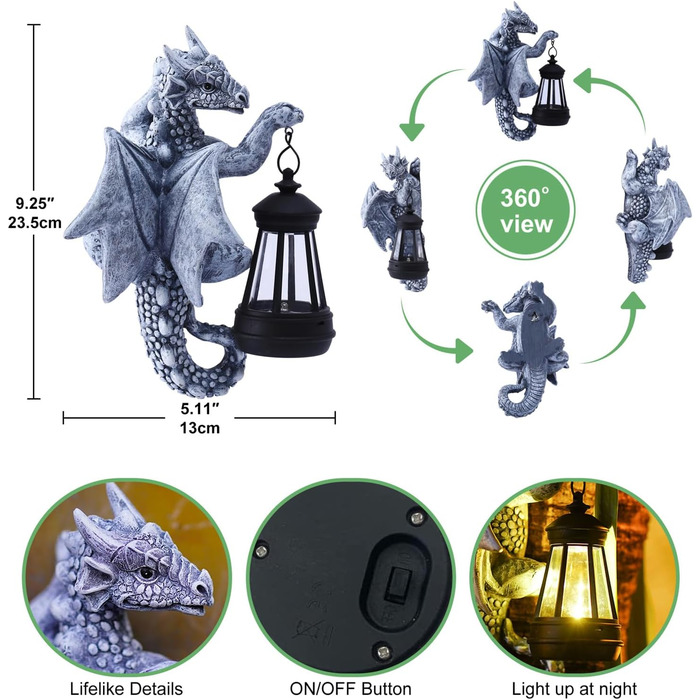 Yeomoo Dragon Figures with Solar Lamps Tree Trunk Garden Decor for Outdoors: Funny Dragon Garden Figures Decor with LED Solar String Lights Outdoor Gifts for Men/Women Garden Fence Tree Accessories Grey