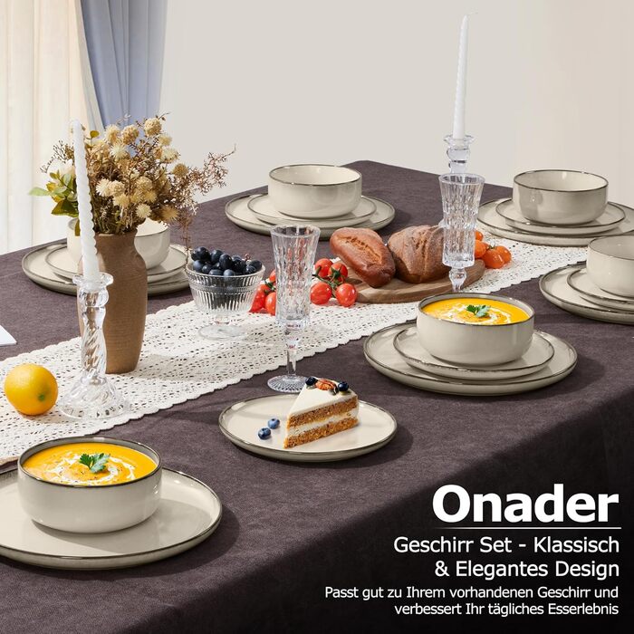 Набір посуду Onader для 6 осіб (18 предметів), керамічний сервіз, 6 тарілок для їжі, десертних тарілок, мисок для каші, стійкий до миття в посудомийній машині та подряпин (Karst Khaki)