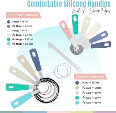 Nextop 14-Piece Stainless Steel Measuring Cup and Spoon Set with All Stackable Sizes and Levelers for Dry Ingredients, Complete Set for Kitchen & Baking Measuring Tools (Aqua Sky Blue Set)