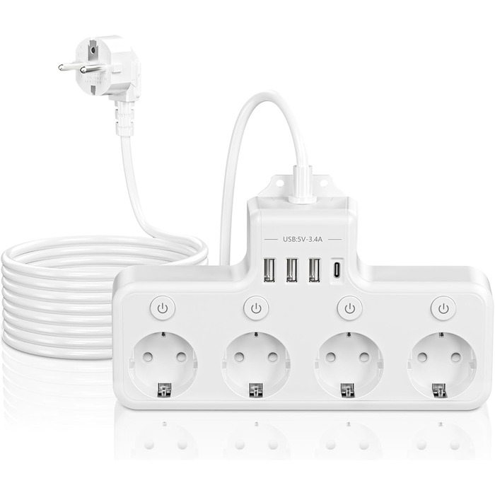 Багатофункціональна мережа роз'ємів 9 в 1 з вимикачем, USB-роз'єм 5-fach, кабель 2м, кутова мережа роз'ємів, чорний колір, індивідуальне вимкнення, для кухні та робочого столу (4 розетки, настінний монтаж)