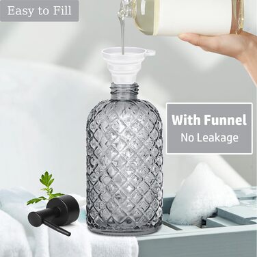Скляний диспенсер для мила 500 мл з хвильовим дизайном для ванної кімнати та кухні, з чорним насосом, дерев'яними етикетками та воронкою (Charcoal, сірий)