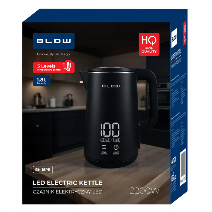 Електричний чайник Blow 2200 Вт, 1,8 л, з регулюванням температури, чорний
