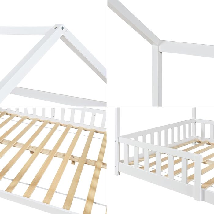 en.casa Kids Bed Hesel House Bed White 90 x 200 cm with Side Rails and Slatted Base, Floor Bed, Youth Bed, Wooden Bed