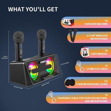 Караоке машина для дорослих та дітей з 2 бездротовими мікрофонами, Bluetooth, світлові ефекти, підставка для телефону, портативна PA система для дому, вечірки, пікніка (чорний)