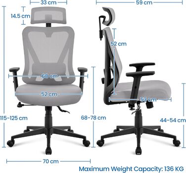 Офісне крісло Yaheetech з регульованою підголівником та підтримкою попереку, дихаюча сітчаста спинка, широке сидіння, S-подібна спинка, поворот на 360°, сірий колір