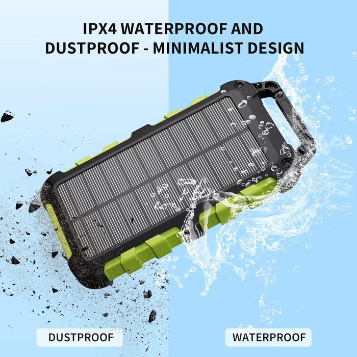 Powerbank сонячний TOENNESEN 26800mAh PD 15W: вологостійкий акумулятор з LED-ліхтариком та 3 виходами USB-C для смартфонів, планшетів, кемпінгу та подорожей (Чорний)