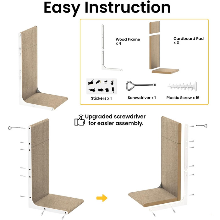 Кігтеточка для котів з коробкою та 4 змінними шарами з картону - великі кігтешні меблі з міцного гофрокартону, двосторонні шари з картону з наклейками DIY - лежанка для котів у квартирі, захист меблів. Велика коробка для котів + 4 кігтешні стовпчики + нак