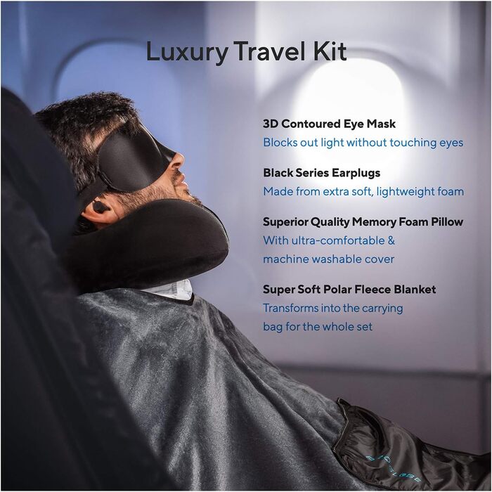 ProGlobe Travel Pillow Set - Memory Foam Neck Pillow for Flights with Sleep Mask, Earplugs, Blanket & Carry Bag