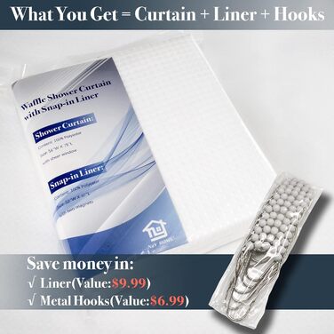 Штора для душу N&Y HOME з вафельної тканини з підкладкою та гачками, 180x182 см, біла. Водонепроникна, пральна, готельний стиль