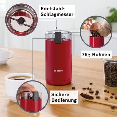 Кавомолка Bosch TSM6A013B, 75 г, червона, для однокавових машин