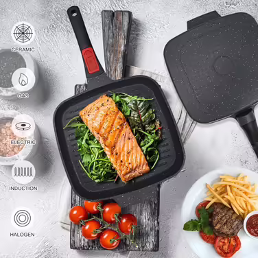 RANX INGST Grill Pan Induction with Removable Handle, 26 x 24 cm Steak Pan, Non-Stick Coated Aluminum Grill Pan, All Cooktops - (Black, no lid)