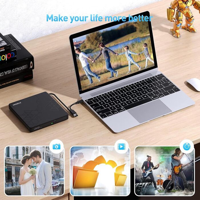 Зовнішній DVD-записувач ORIGBELIE 6 в 1, USB 3.0 CD/DVD ROM +/-RW привід для ноутбука, ПК, Mac OS, Windows 11/10/8/7, Linux