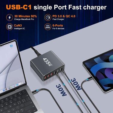 Зарядний пристрій USB-C 435W, 6 портів: швидка зарядка для MacBook Pro/Air, iPad Pro/Air, Samsung та інших – чорний