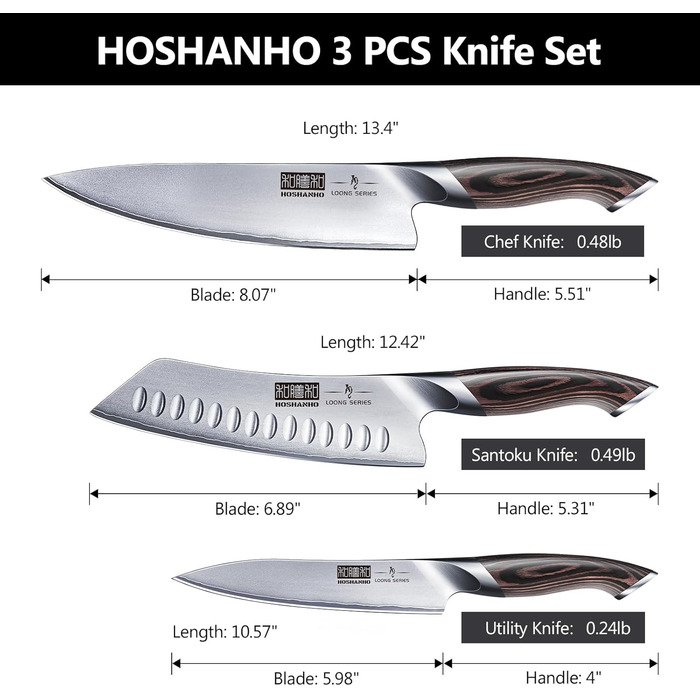 HOSHANHO 8-Piece Knife Set with Wooden Block - Professional Stainless Steel Kitchen Knife Set for Cooking