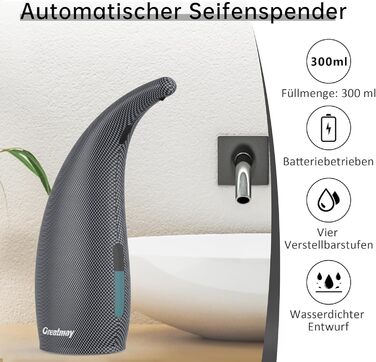 Greatmay Automatic Touchless Soap Dispenser - 300ml Electric Battery Operated with 4 Adjustable Levels - IPX6 Waterproof for Bathroom, Kitchen