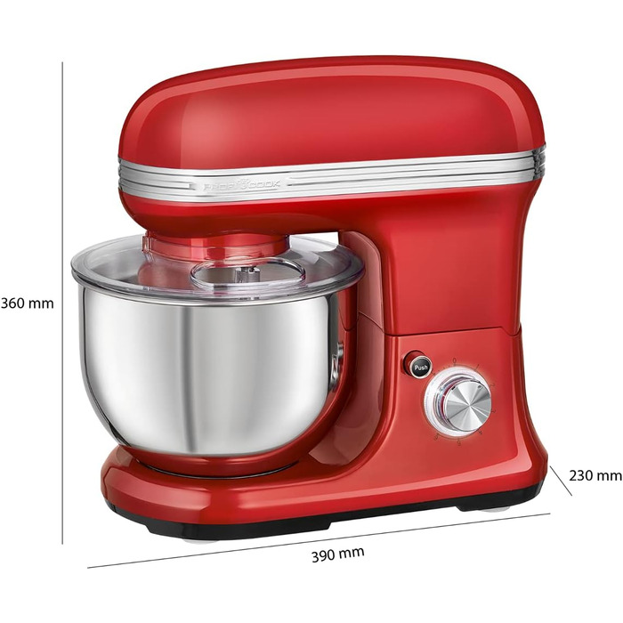 Планетарний міксер ProfiCook PC KM 1197 для випічки та замішування тіста, 1200 Вт, чаша 5 л, ретро-дизайн, червоний