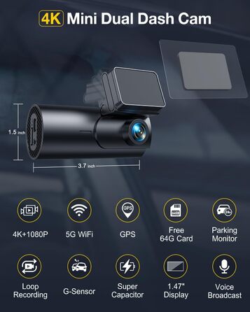 Відеореєстратор GKU 4K Dual з GPS, WiFi, ParkSurv, Нічне Бачення, WDR, 170° та G-Sensor. В комплекті SD-карта 64GB. Чорний