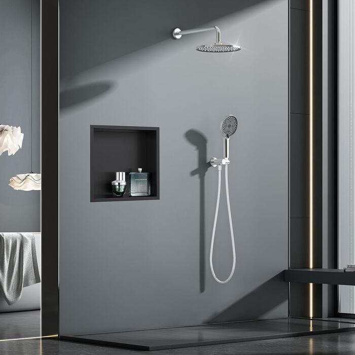 KINKIBOS Wall Niche Shower Stainless Steel, No Tiles Required, Recessed Shower Niche 30 x 30 x 10 cm, Shower Niche Single Shelf Storage Grey Black