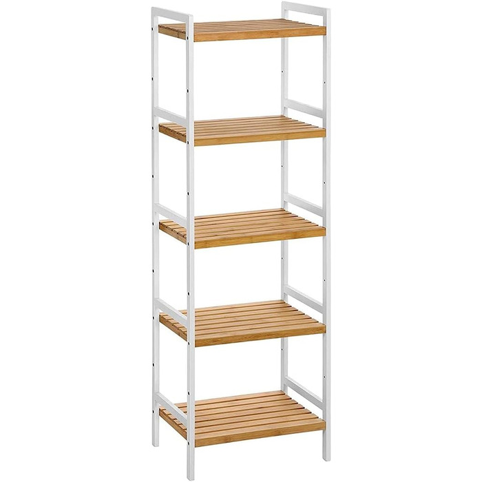 SONGMICS Bamboo Shelf, Kitchen Shelf, Bathroom Shelf, Bookshelf, Freestanding Shelf with 4 Shelves, 45 x 31.5 x 111 cm, for Bathroom, Kitchen, Living Room, Bedroom, Balcony, Natural White-Colored BCB74WN (5 Shelves (142H cm))