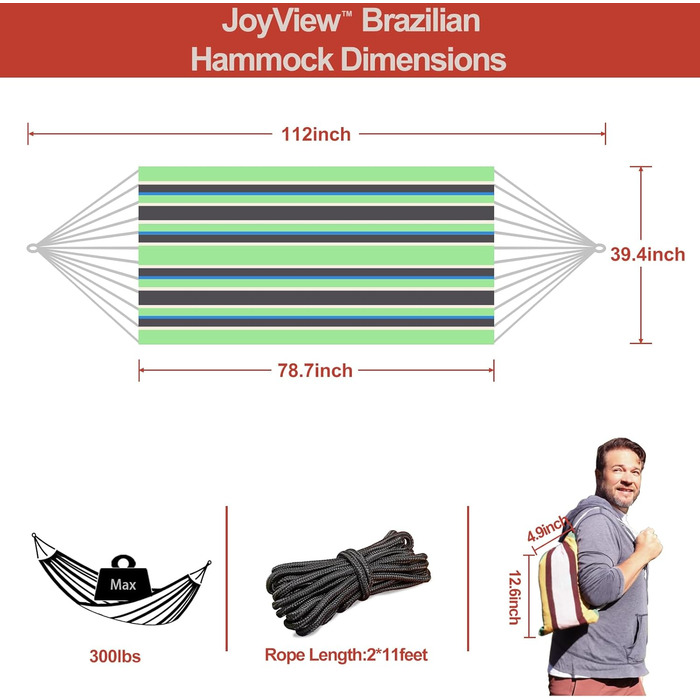 Гамак JoyView бразильський одинарний портативний 200x100 см, зелено-чорний, вантажопідйомність 136 кг для тераси та дому