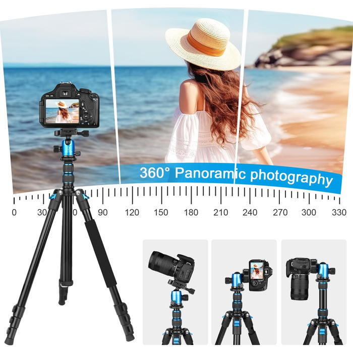 Штатив для камери DSLR та смартфона 195,6 см, алюмінієвий компактний штатив для подорожей з панорамною 360° кулеподібною головкою, 2 QR-платформами та сумкою (синій)