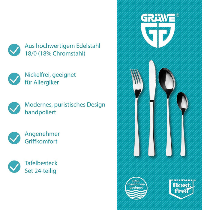GRÄWE Stainless Steel Cutlery Set for 6 People, Table Cutlery Set 24-Piece, Nickel-Free, Rust-Proof, Hand-Polished, Dishwasher-Safe - Würzburg Series