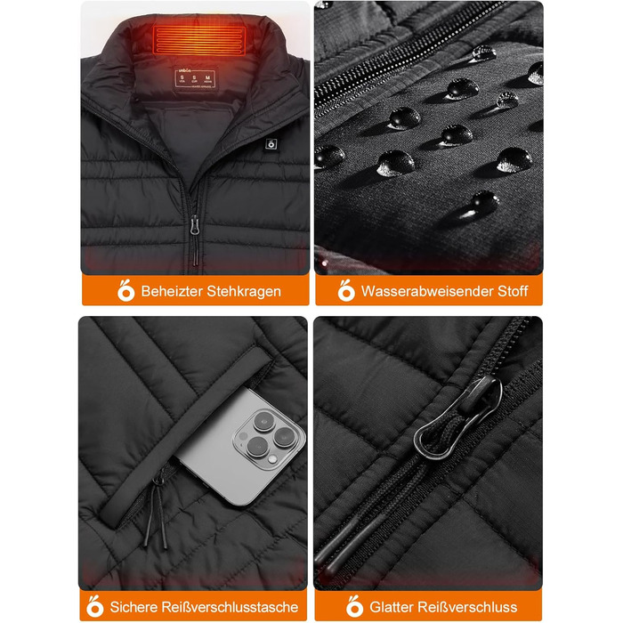 Обогріваючий жилет UNBON з акумулятором 10000mAh USB, чоловічий/жіночий, 3 режими нагріву, 6 зон нагріву, чорний