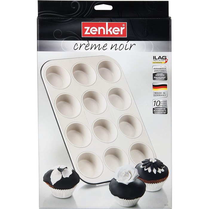 Zenker 12-Cup Muffin Tin Ø 7 cm CREME NOIR, Muffin tin made of steel sheet, baking sheet with ceramic-reinforced non-stick coating (Color: Crème/Anthracite), Quantity: 1 piece