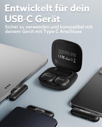 Бездротовий петличний мікрофон USB-C для iPhone 15/16/17 та Android смартфонів: 48kHz/24Bit, Plug-and-Play, 32 години роботи, шумозаглушення, чорний