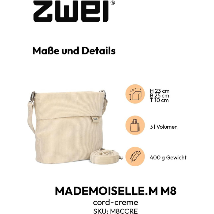 Сумка жіноча через плече Zwei Damen Mademoiselle.M M8, екошкіра, колір кремовий з корду, з прихованим та основним відділеннями на блискавці, знімний короткий та довгий ремінець