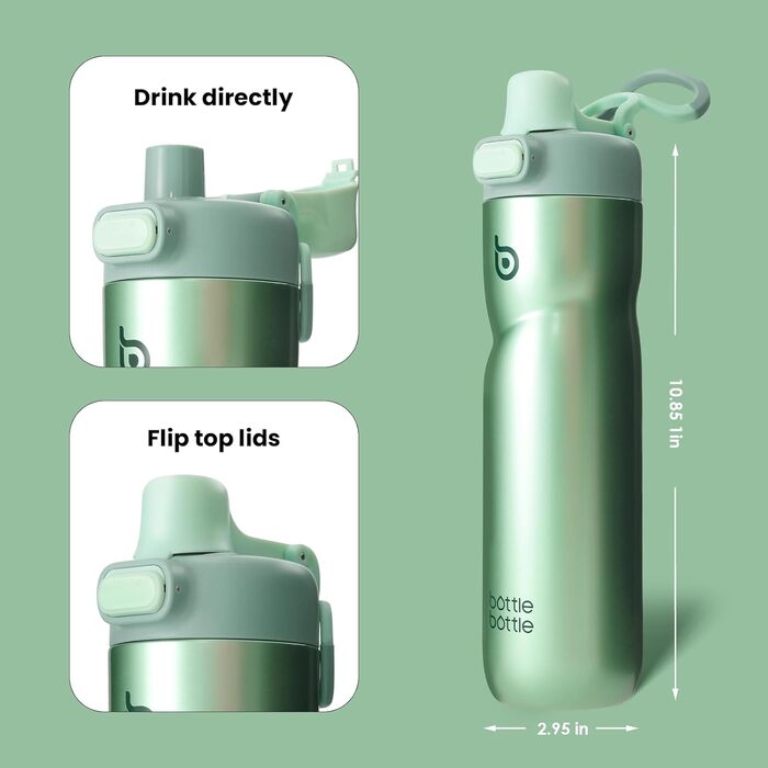 BOTTLE BOTTLE Insulated Water Bottle, 680 ml, with Handle and Flip-Top Lid, Bicycle Water Bottle, Push-Button Lid, Leak-Proof, Portable, for Travel, Sports, Riding, Green