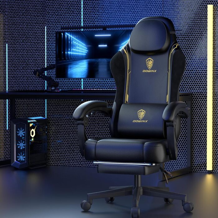 Ігровий крісло Dowinx з PU-шкіри, ергономічний, з підтримкою попереку, для ПК, жовтий, до 150 кг