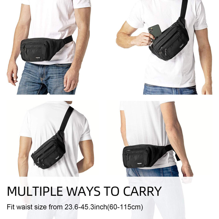 Чоловіча та жіноча поясна сумка FREETOO з 6 кишенями на блискавці – водонепроникна бананка для прогулянок з собакою, бігу, походів, подорожей та відпочинку, чорна