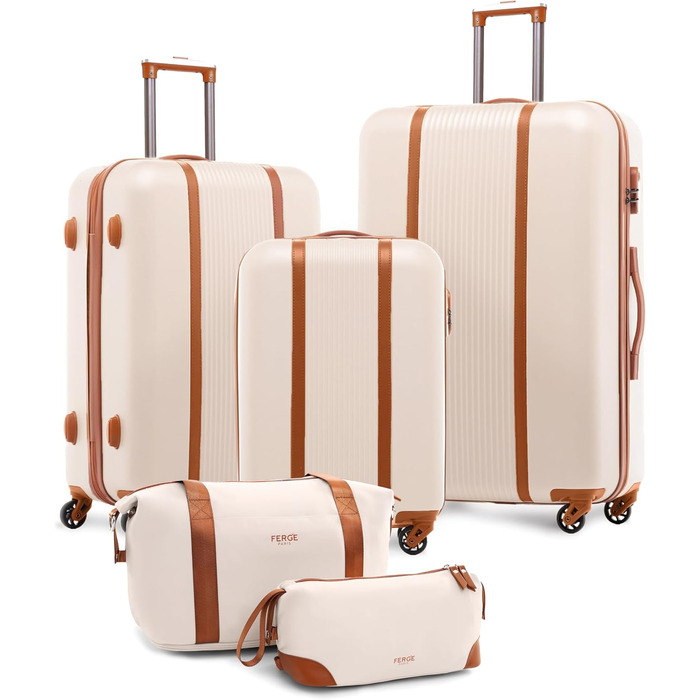 Набір валіз FERGÉ Milano 5-в-1: 3 розміри + сумочка для косметики + сумка для подорожей. Легкі валізи на 4 колесах, бежево-коричневий колір