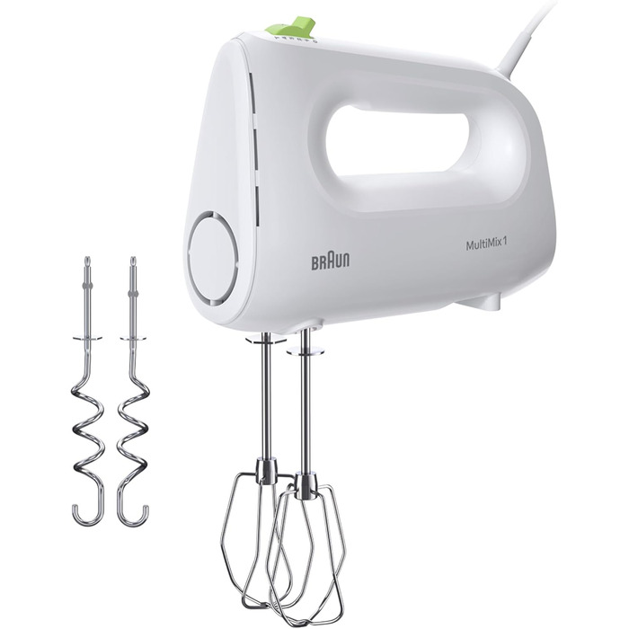 Braun Household MultiMix 1 HM 1110 WH Hand Mixer - Handheld Mixer with 4 speed settings plus Turbo, FastMix Technology, EasyClick, including whisk and dough hooks, one-hand operation, 450W, White White MultiMix 1 - including whisk & dough hooks