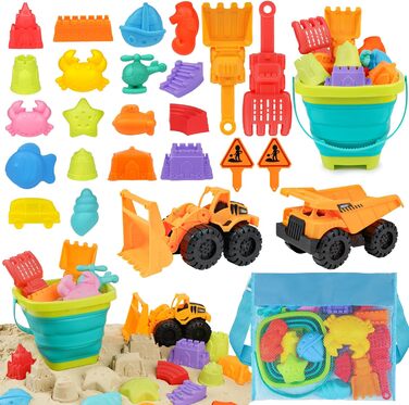 YIMORE Sand Toys Beach Toys for Boys with Folding Bucket Kids Excavator Sandbox Toy, 26 PCS Sand Molds Sand Shovel Kids, Travel Sand Toy for Ages 3+
