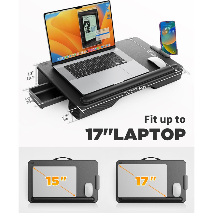 Підставка для ноутбука SAIJI з підставкою для зап'ястя та відділенням для телефону, для роботи в ліжку/на дивані, чорна