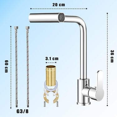Кухонний змішувач водоспадом Ruimooto з 4 режимами, нержавіюча сталь, 360° обертання, високий тиск